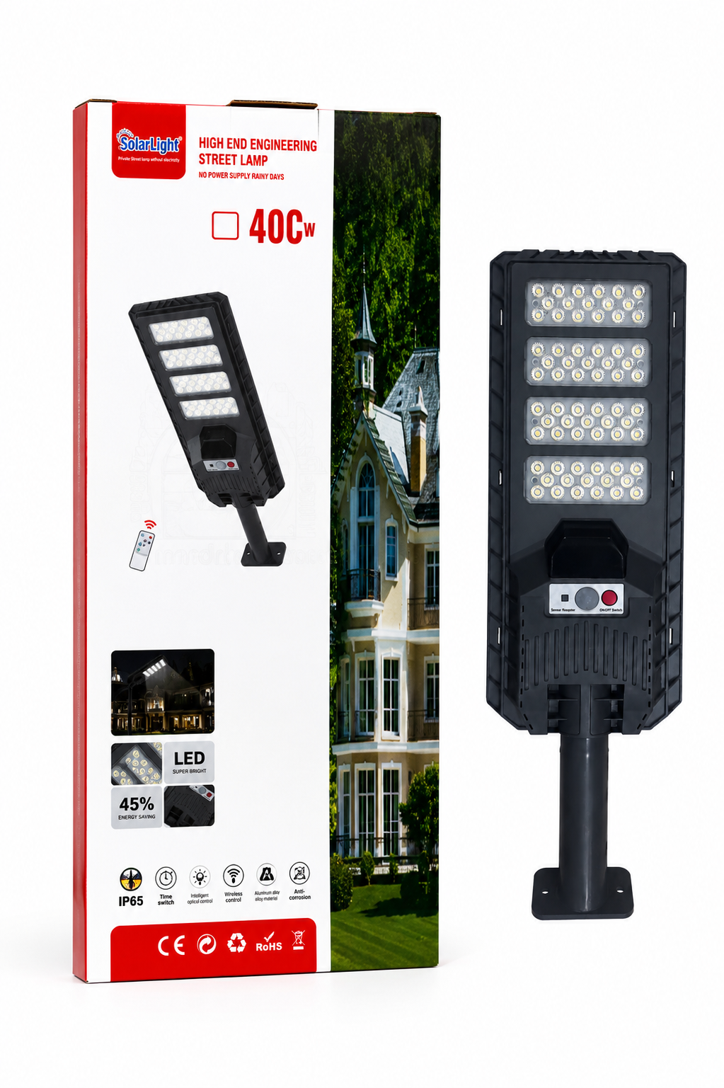 چراغ خیابانی سولار ۴۰۰ وات SolarLight | روشنایی بدون سیم‌کشی با ریموت